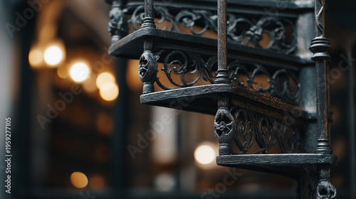 telex. Close-up of an ornate wrought-iron spiral staircase in an old library, leading upwards with soft light. real-estate listings.