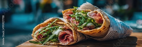 Piadina romagnola filling with prosciutto and arugula