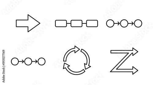 Set of five process flowchart icons including linear, connected steps, circular loop, zigzag path, and branching logic, symbolizing workflows, decision-making, and planning in minimal diagram design.
