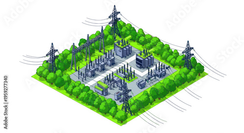 Electrical substation surrounded by green trees, power transmission infrastructure