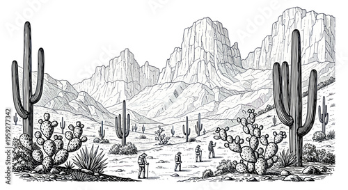 Desert Landscape with Cacti and Hikers