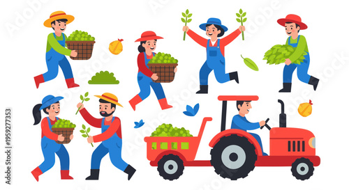 Farmers Harvesting Crops and Driving Tractor - Vector Illustration