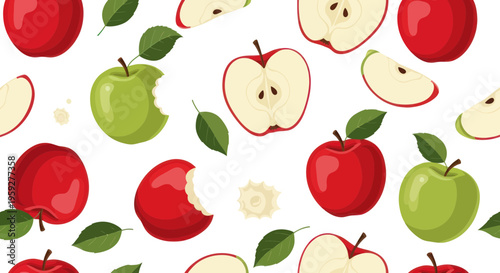 Fresh Apple Pattern: Red and Green Fruits with Leaves, Bitten Slices on White Background