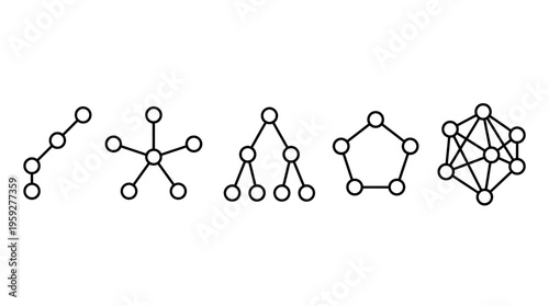 Set of five graph theory icons including path, star, tree, cycle, and complete graph, symbolizing mathematical structures, network connections, and fundamental concepts in computer science.