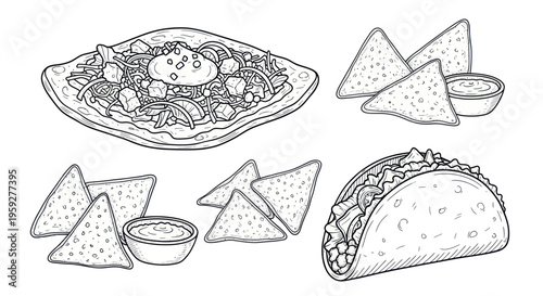 Hand-drawn Mexican Food Collection: Tacos, Nachos, and Salad