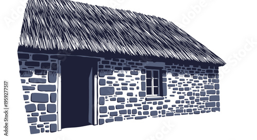 Rustic Thatched Cottage Illustration: Stone Walls, Open Door, Rural Charm