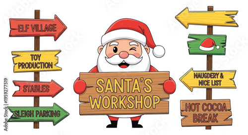 Santa Claus at his workshop with directional signs for Christmas