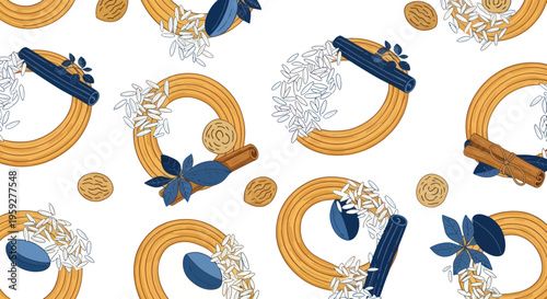 Seamless Pattern of Wreath with Spices, Nuts and Stars Anise, Festive Design