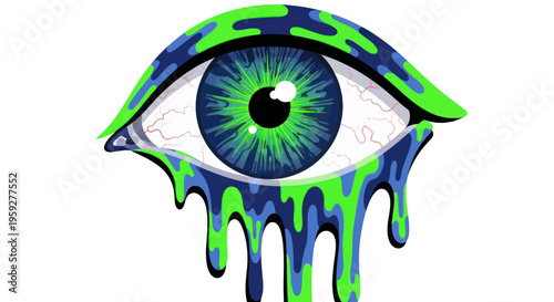 Surreal Dripping Eye Illustration with Blue and Green Swirls