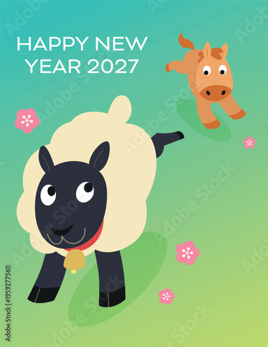 Zodiac horse and zodiac sheep relay race vector illustration. Celebrating lunar new year of the goat and saying goodbye to former year of the horse.