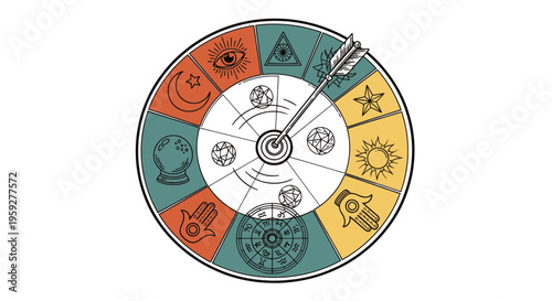 Target with arrow and mystical symbols, representing goals, destiny, and spiritual path