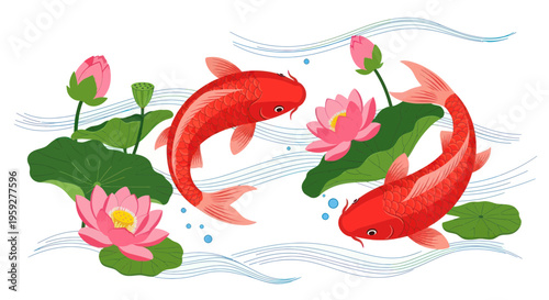 Two Red Koi Fish Swimming Among Pink Lotus Flowers and Green Lily Pads