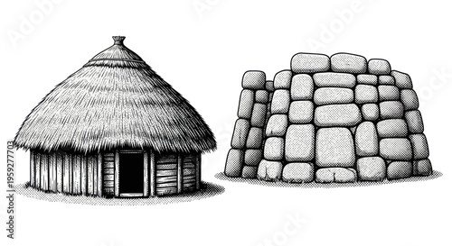 Ancient Hut and Stone Structure Illustration