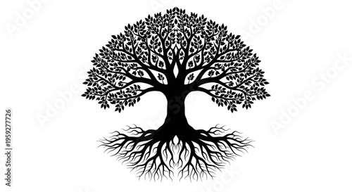 Black Tree of Life Silhouette with Intricate Roots and Leaves