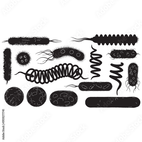 Bacteria microbes silhouette vector illustration set for microbiology science isolated on transparent background
