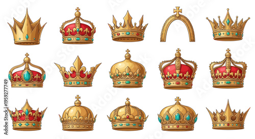 Collection of Royal Golden Crowns, Tiaras, and Ornate Headwear