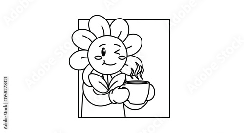 Happy cartoon flower character winking and holding a steaming cup of coffee or tea