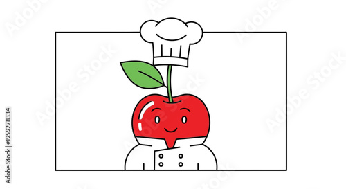 Happy Cherry Chef Character with Chef Hat and Uniform, Cute Food Illustration