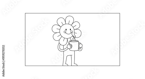 Happy Flower Character Drinking Coffee from Mug