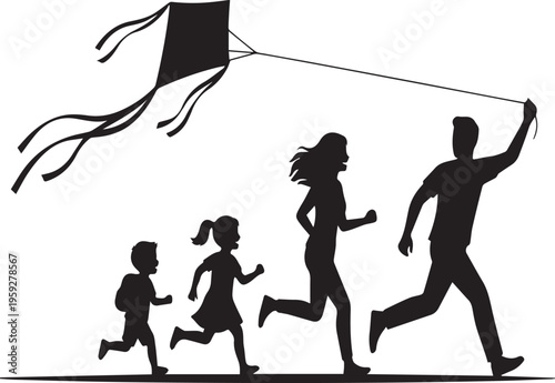 Family Flying Kite Outdoor Play Silhouettes