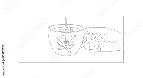 Hand pouring honey into floral tea cup, close-up line art illustration