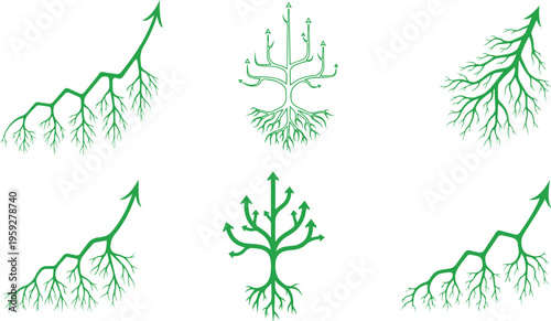 Green growth arrow tree icons, organic business success graph set, sustainable development symbols with roots and branches, 6 vector elements