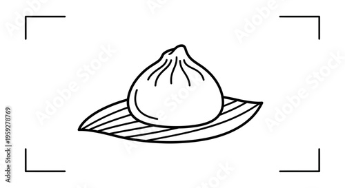 Hand-drawn illustration of a delicious bao bun on a leaf, minimalist line art