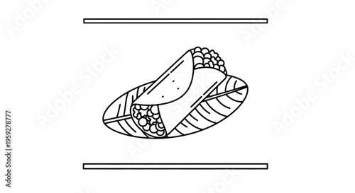 Hand-drawn illustration of a delicious burrito on a plate, minimalist line art