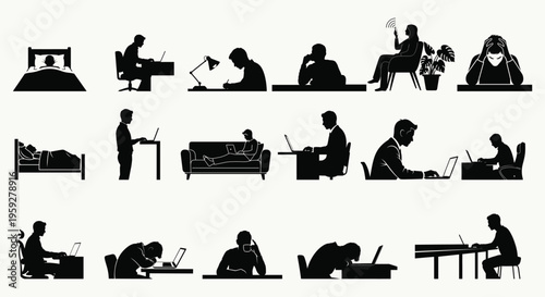 Vector graphic illustration of diverse people's daily lives using technology and experiencing stress
