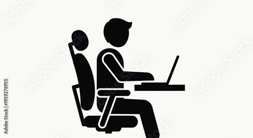 Minimalist vector graphic illustration of a person working at a desk with a laptop.