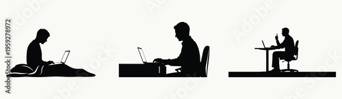 Vector illustration depicting modern flexible work environments with people using laptops.