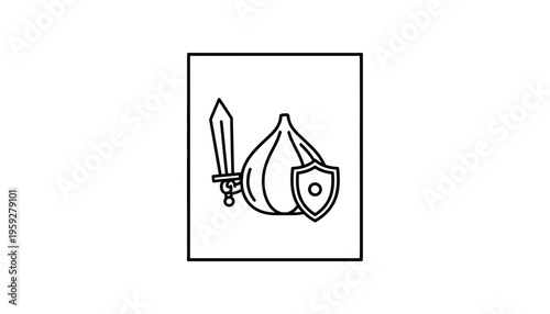 Garlic bulb with sword and shield icon, symbol of health and protection