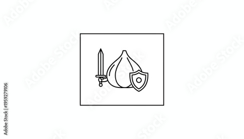 Garlic Bulb with Sword and Shield Icon: Protection, Health, Immunity, Defense