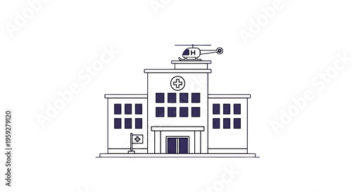 Modern hospital building with helipad and helicopter on roof medical symbol flag and windows clear illustration on transparent background