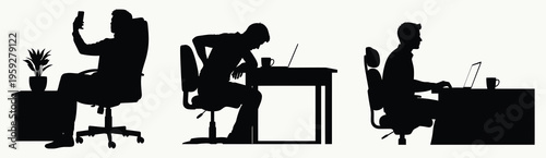 Multiple vector graphic silhouettes illustrating men working with technology at office desks.