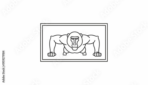 Gorilla doing push-ups, strong ape exercising, fitness concept, line art illustration