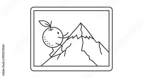Funny orange character climbing a mountain, cartoon style, adventure concept