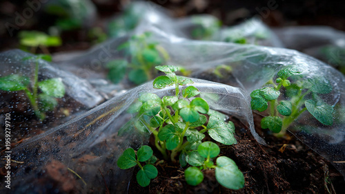Tiny green seedlings protected by clear plastic in dark soil