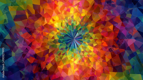 Vibrant, low-poly geometric pattern radiating from a central point with a spectrum of colors