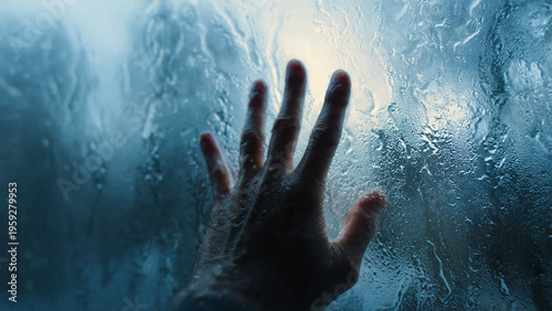 Gloomy hand presses against rain-streaked window, blurring the world outside