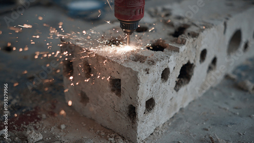 Drill bit sparks as it bores into a rough, hollow brick on a dusty surface
