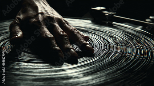 Hand of a DJ spinning vinyl record on a turntable, focus on the grooves