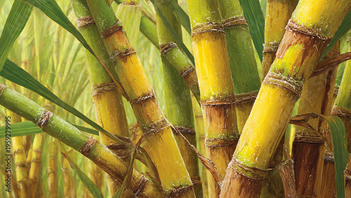 Close-up textured painting of tall, segmented sugarcane stalks in varying shades of green and yellow