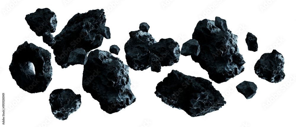 Naklejka premium Set of asteroid isolated on transparent background. Cut out Meteorite 3D rendering