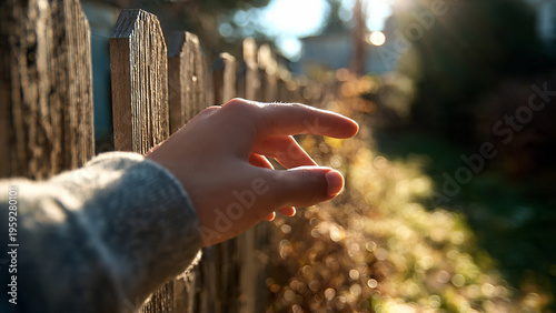 Close-up of a hand reaching over a wooden fence towards sunlight and foliage