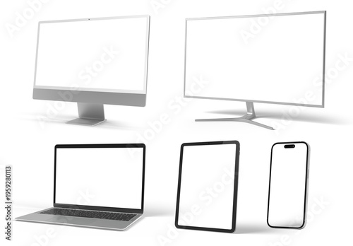 Modern devices screens pack isolated on transparent background. Smartphone, tablet, laptop and computer mockup. Front view. 3d rendering