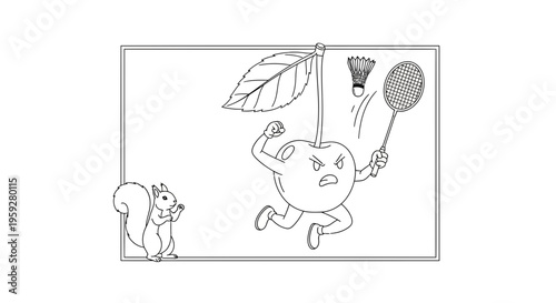 Funny cherry playing badminton against squirrel, cartoon illustration, healthy lifestyle concept