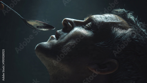 Close-up profile of a man's face being fed from a spoon, dramatic lighting