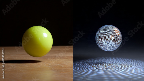 Two floating spheres, one solid yellow, one complex patterned, against dark backgrounds