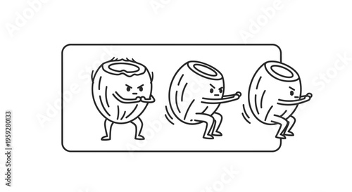 Funny Coconut Character Doing Martial Arts Moves, Cartoon Style